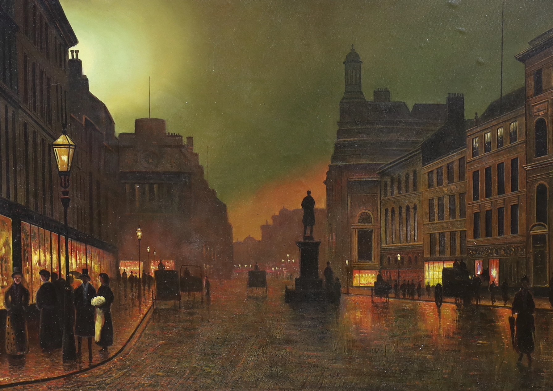 After Atkinson Grimshaw, oil on board, Street scene at night, bears signature, 55 x 76cm
